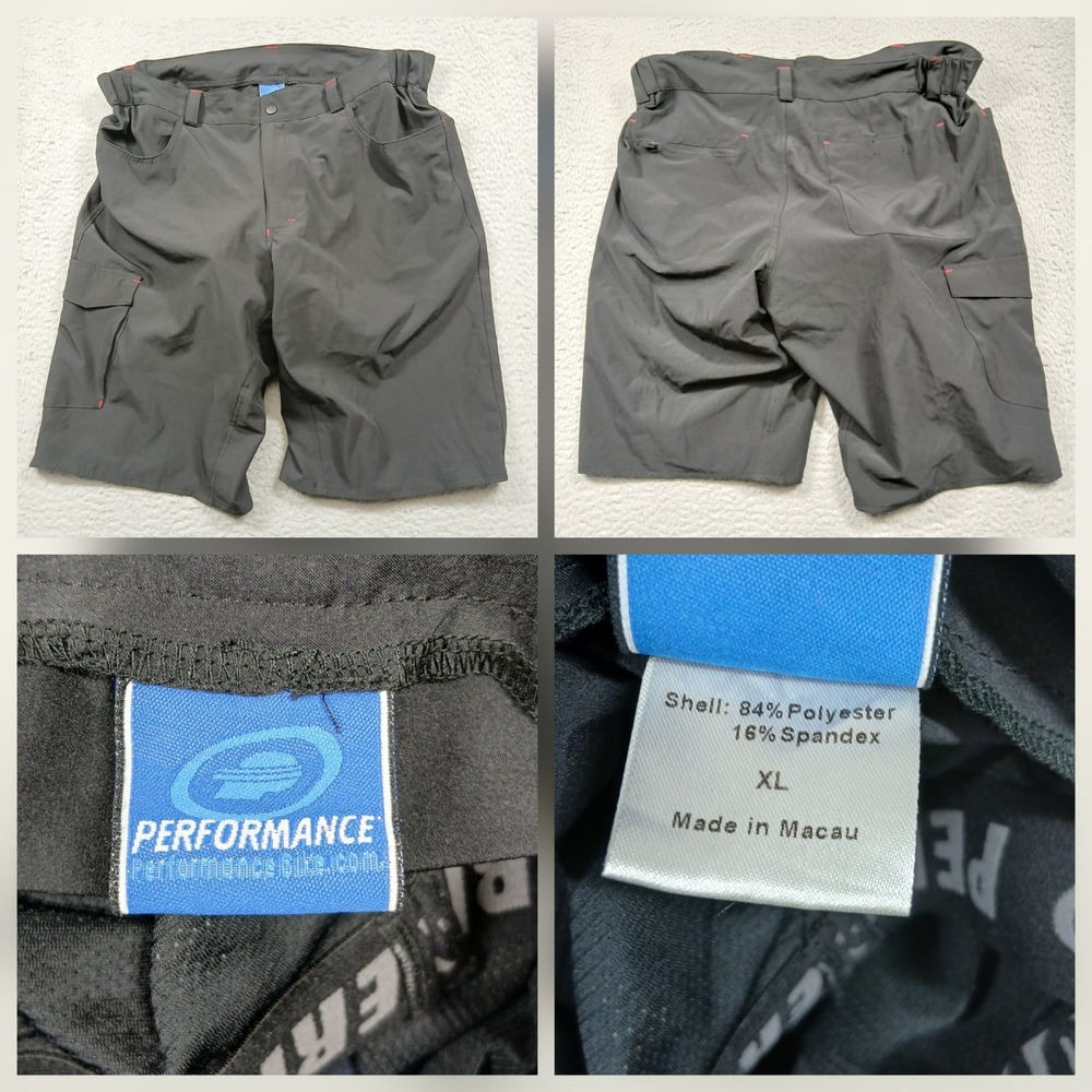 Performance Bicycle Mens Cycling Shorts XL Black Cargo Pockets Spandex‎ Padded